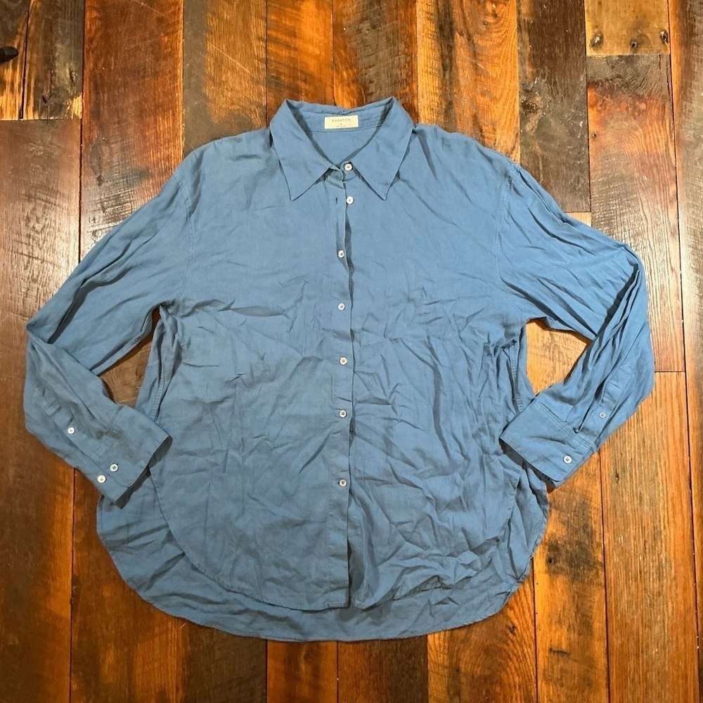 Babaton Linen Blend Blue Button Down Shirt Collared Long Sleeve Top Size M